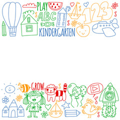 Vector pattern for kindergarten banners, posters with moon, planet, spaceship, rocket, sun, fruits, house, flowers. Creativity and imagination.