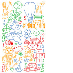 Vector pattern for kindergarten banners, posters with moon, planet, spaceship, rocket, sun, fruits, house, flowers. Creativity and imagination.