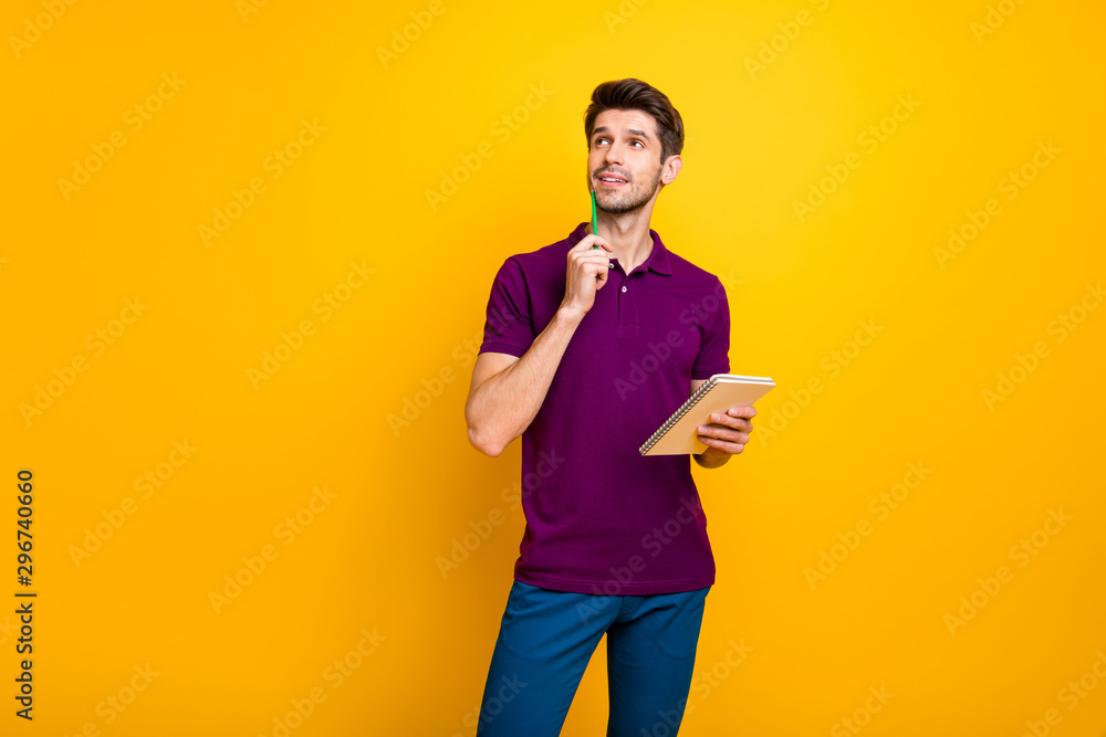 Poster portrait of his he nice attractive minded focused concentrated guy creating making notes exercise bo