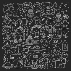 Vector icons and elements. Kindergarten, toys. Little children play, learn, grow together.