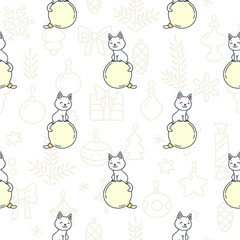 Winter holiday pattern. Cute seamless pattern of of happy white cats playing with christmas balls on background of   christmas decoration. Vector illustration 8 EPS.