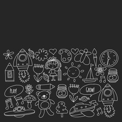 Vector pattern with little children. Kindergarten, play and grow together. Icons of toys and kids in doodle style
