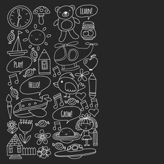 Vector pattern with little children. Kindergarten, play and grow together. Icons of toys and kids in doodle style