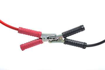 red and black jumper cables on white background