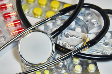 Blister Medical Pills Pharmaceutical Stuff Stethoscope. health care concept.