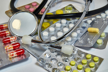 Blister Medical Pills Pharmaceutical Stuff Stethoscope. health care concept.