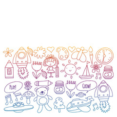 Vector pattern with little children. Kindergarten, play and grow together. Icons of toys and kids in doodle style