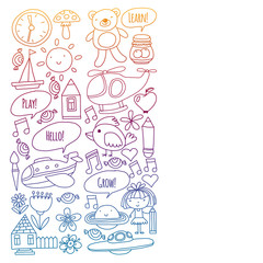 Vector pattern with little children. Kindergarten, play and grow together. Icons of toys and kids in doodle style