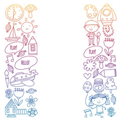 Vector pattern with little children. Kindergarten, play and grow together. Icons of toys and kids in doodle style