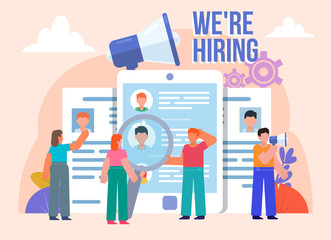 Search for employees, HR department, hire. Group of people stand near big resume, job application. Flat design vector illustration