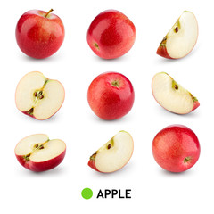 Red apple isolate. Apples on white background. Apple slice. Set with clipping path.