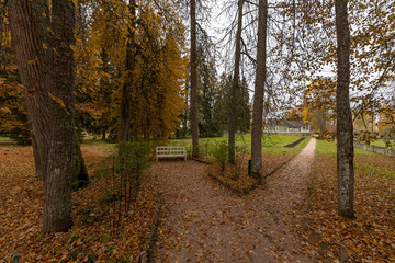 Village Pushkin mountains. Manor Mikhailovskoye in October. Path to the estate of Pushkin's parents in Mikhailovskoye village, Pskov region, Russia