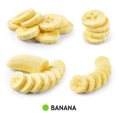 Banana isolate. Banana slice isolated. Bananas on white background. Banana set. - obrazy, fototapety, plakaty