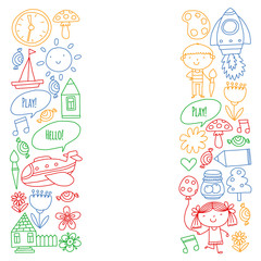 Vector pattern with little children. Kindergarten, play and grow together. Icons of toys and kids in doodle style