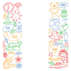 Fototapeta premium Vector pattern with little children. Kindergarten, play and grow together. Icons of toys and kids in doodle style