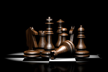 3D illustration of wooden chess pieces illuminated from above.