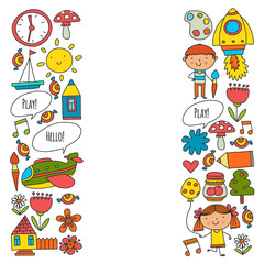 Vector pattern with little children. Kindergarten, play and grow together. Icons of toys and kids in doodle style