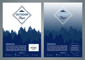 Set of two vector outdoor flyer, brochure, background design with forest silhouette in blue color