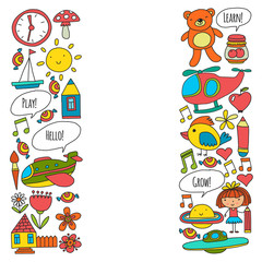 Vector pattern with little children. Kindergarten, play and grow together. Icons of toys and kids in doodle style