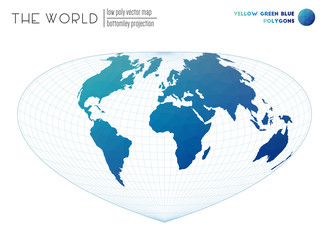 World map in polygonal style. Bottomley projection of the world. Yellow Green Blue colored polygons. Stylish vector illustration.
