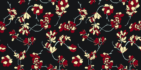 Black, red and beige floral seamless pattern wallpaper- Nordic magnolia flowers background - Vector