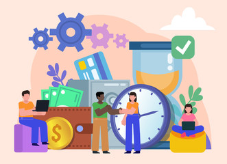 Office work, time, financial management. Group of people stand near big watches, safe, money, cash. Flat design vector illustration