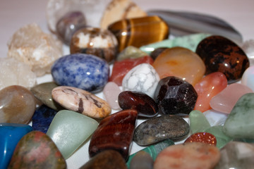 Colorful crystals, stones on white background