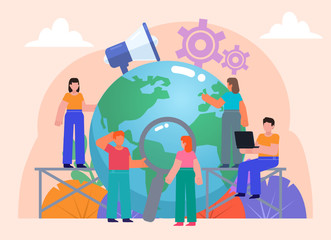 Earth day, environment care, protection. Group of people stand near big earth globe. Flat design vector illustration