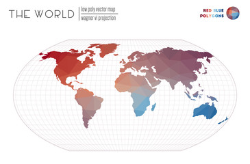 Polygonal world map. Wagner VI projection of the world. Red Blue colored polygons. Neat vector illustration.