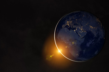 View of planet Earth at night with cities lights on Europe and Africa 3D rendering elements of this image furnished by NASA