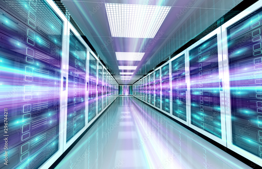 Fototapete servers data center room with bright speed light through the corridor 3d rendering
