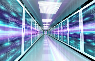 Obraz premium Servers data center room with bright speed light through the corridor 3D rendering