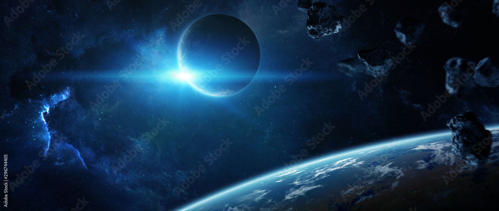 Poster Distant planet system in space with exoplanets 3D rendering elements of this image furnished by NASA