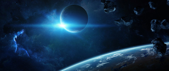Obraz na płótnie Canvas Distant planet system in space with exoplanets 3D rendering elements of this image furnished by NASA