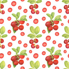 Watercolor cowberry seamless pattern. Hand drawn branches with red berries and leaves on white background. Forest plant for design, cards, invitations, wallpaper, wrapping, textile, food packaging
