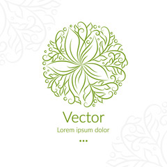 Green linear leaf emblem. Elegant, classic vector. Can be used for jewelry, beauty and fashion industry. Great for logo, monogram, invitation, flyer, menu, brochure, background, or any desired idea.