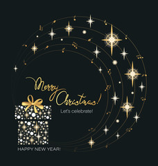 Musical gift. Sheet music. Sparkling lights. MERRY CHRISTMAS! Happy New Year! Composition with Golden light decor. Design for postcard, invitation, greeting card, poster, gift.