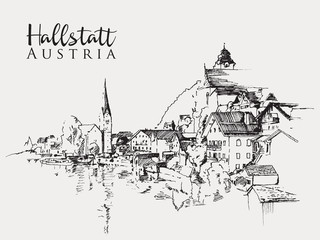 Drawing sketch illustration of Hallstatt