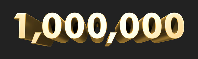 1.000.000 one million number rendering. Metallic gold 3D numbers. 3D Illustration. Isolated on black background