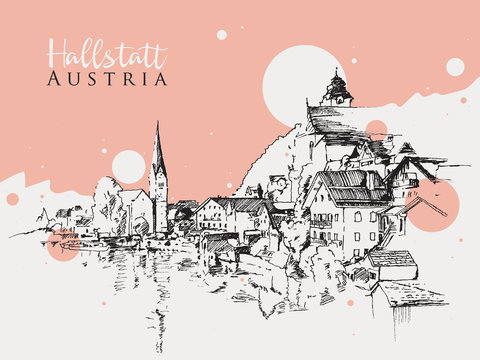 Drawing sketch illustration of Hallstatt