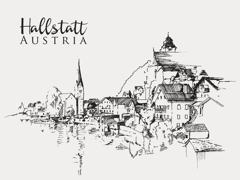 Drawing sketch illustration of Hallstatt