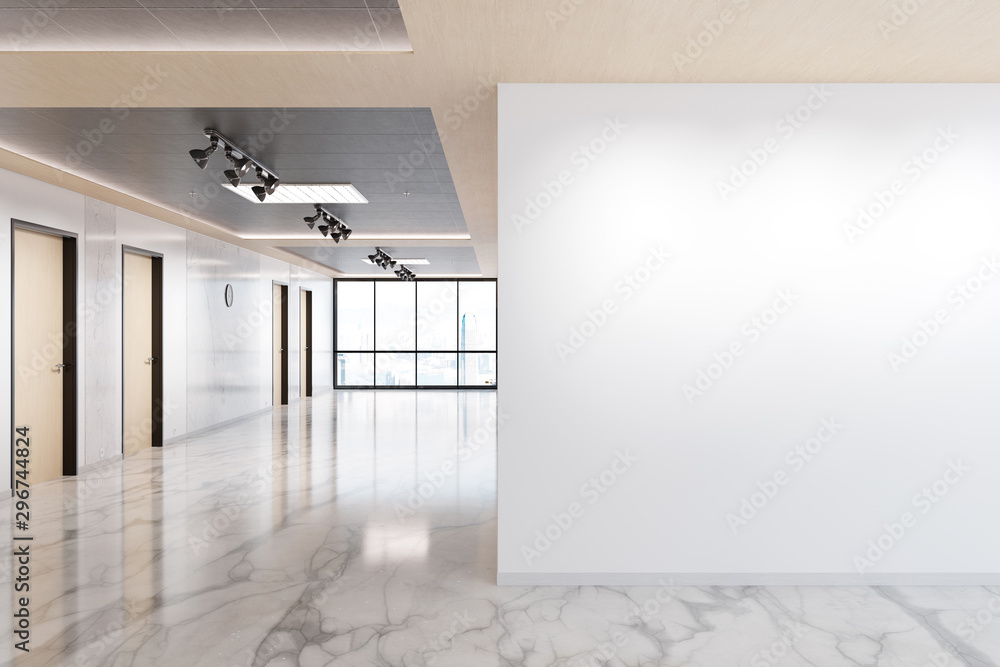 Poster blank wall in marble and wooden office mockup with large windows and sun passing through 3d renderin