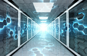 Servers data center room with computers storage systems and hexagonal design 3D rendering