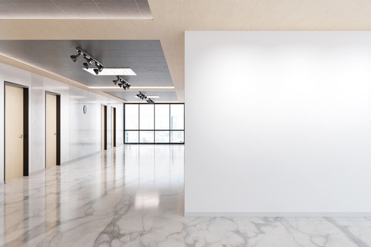 Blank Wall In Marble And Wooden Office Mockup With Large Windows And Sun Passing Through 3D Rendering