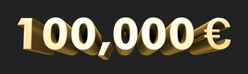 100.000€  One hundred thousand euros. Metallic gold 3D numbers. 3D Illustration. Rendering. Isolated on black background