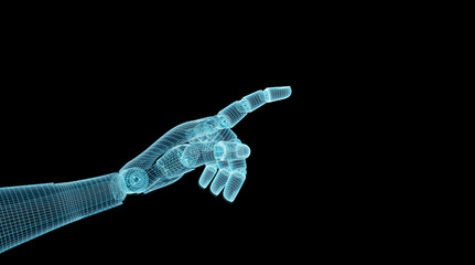 Wireframed blue robot hand pointing finger on dark 3D rendering
