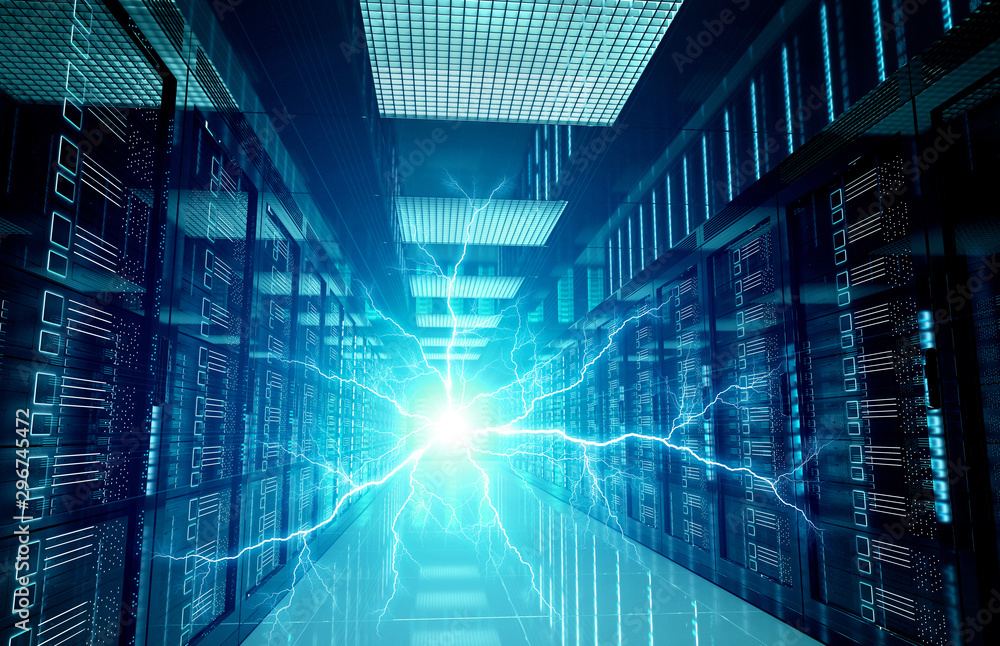Poster electricity lightning in servers data center room storage systems 3d rendering