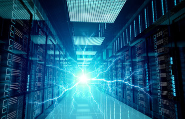 Electricity lightning in servers data center room storage systems 3D rendering