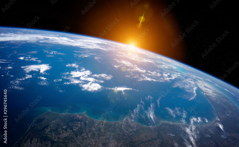 Poster view of planet earth close up with atmosphere during a sunrise 3d rendering elements of this image f