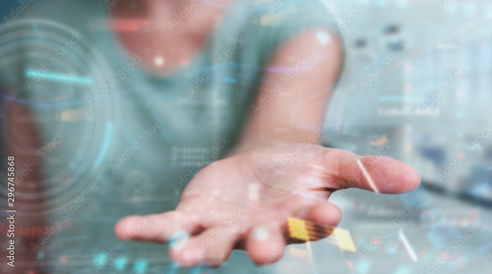 Poster Woman using digital technological interface with datas 3D rendering